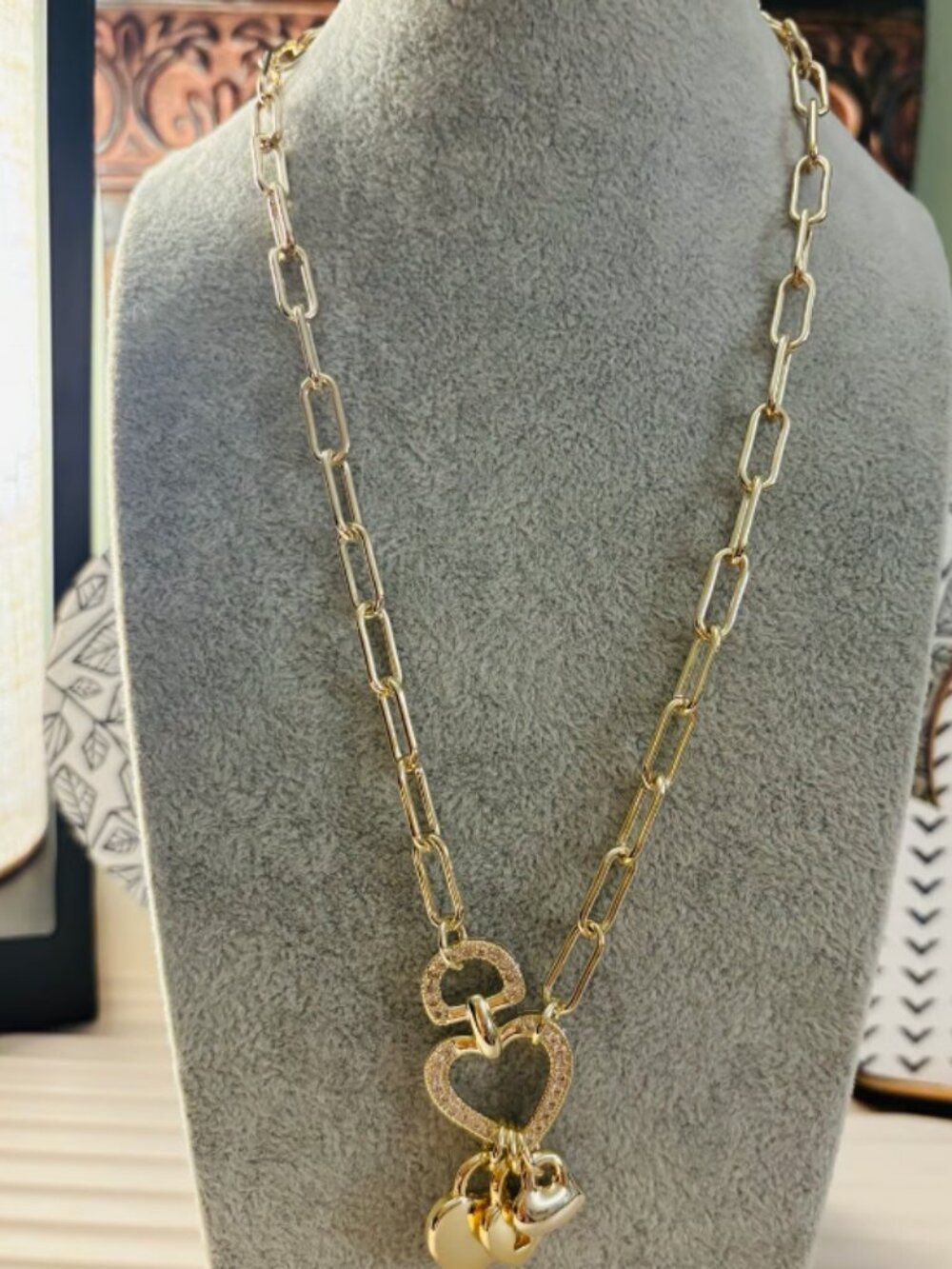 Gold Tone Paperclip Chain Necklace with Heart Charms